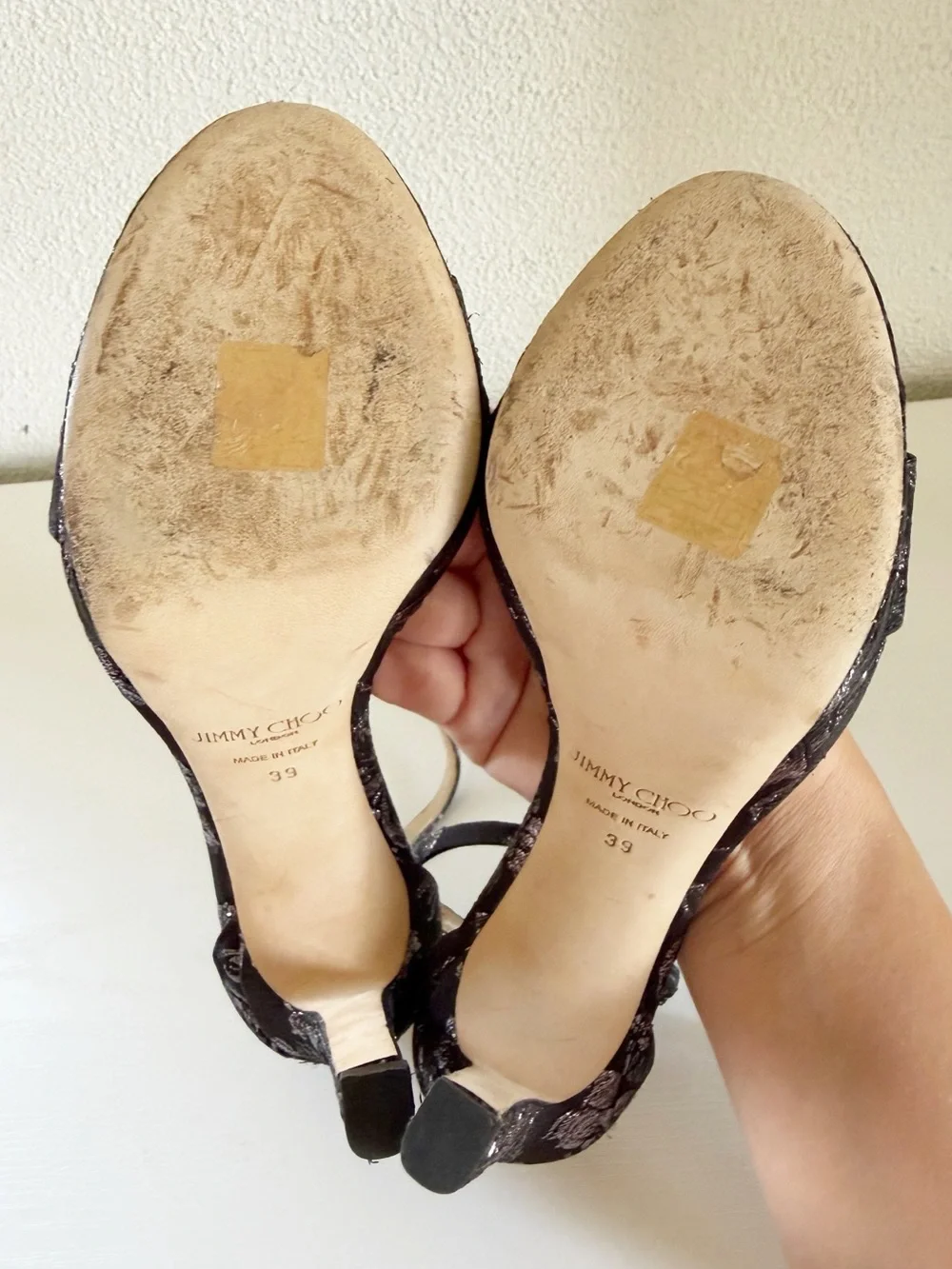 Jimmy Choo Misty Platform Sandals Black Silver Brocade Ankle Strap EU 39